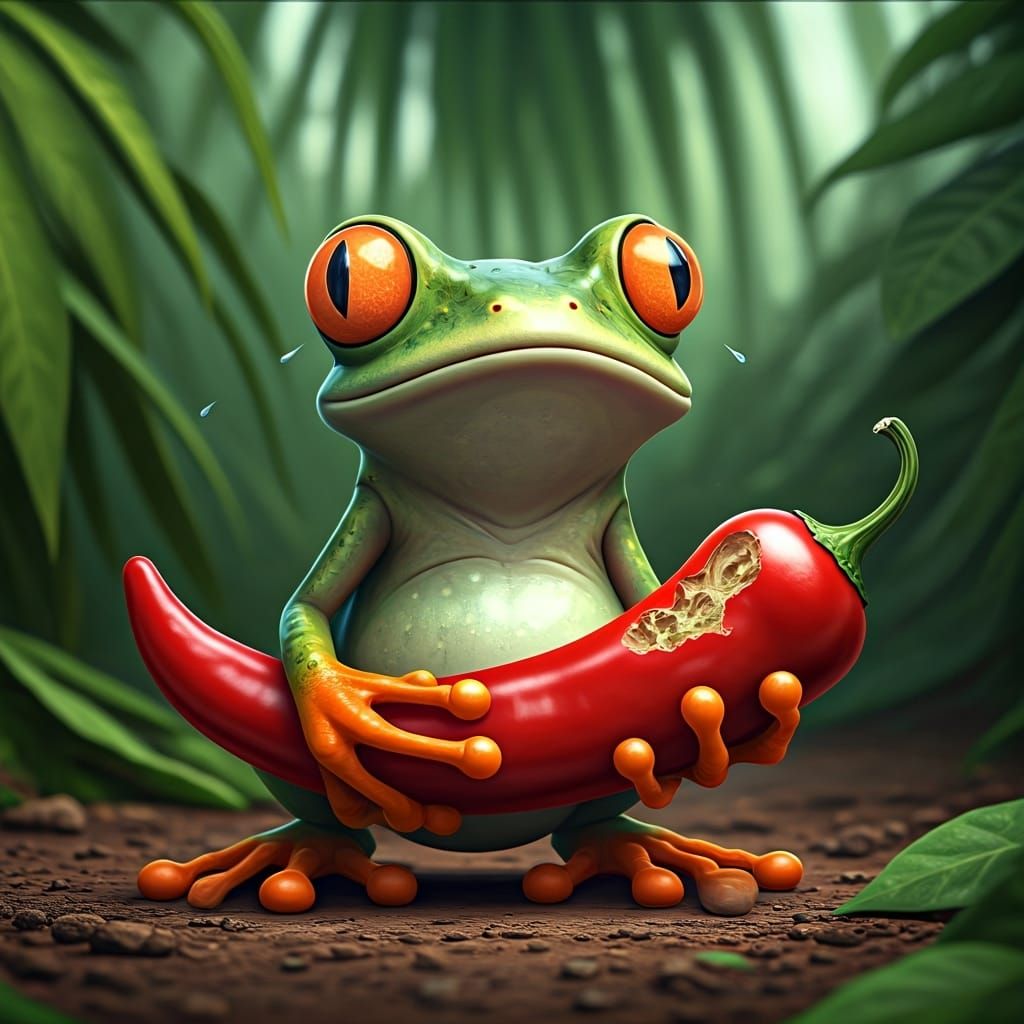 Surprised Frog Bites Fiery Chili: 3D Comic Art