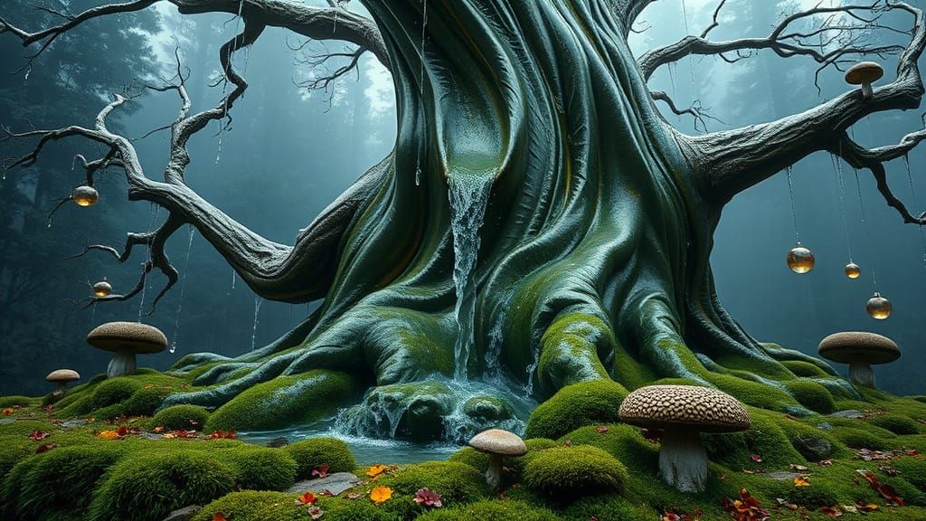 Glass Tree Fountain with Bioluminescent Orbs