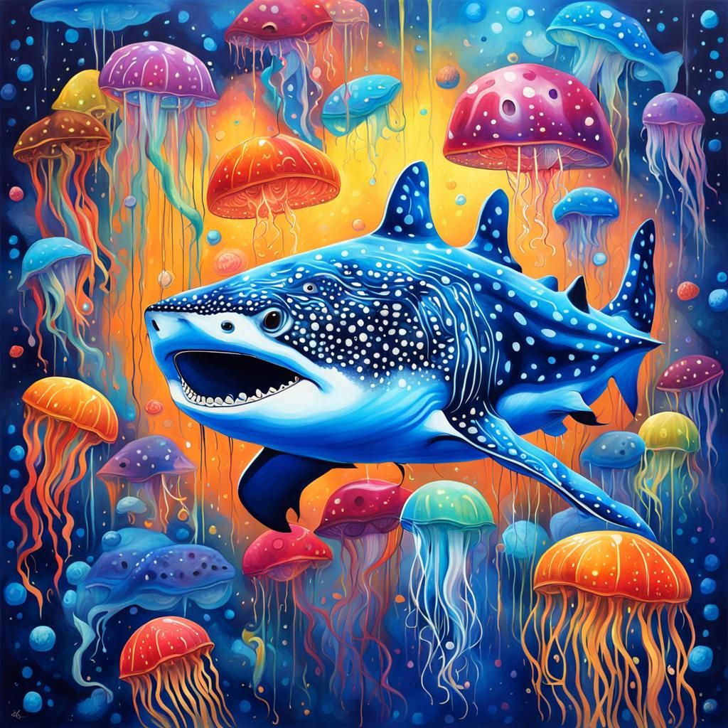 Whale Shark and Jellyfish in Graffiti Art