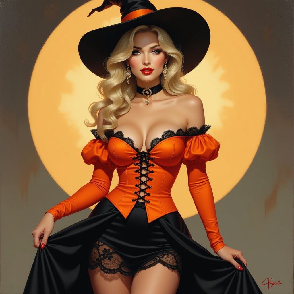 Blonde Witch in Lace Skirt, Oil Painting