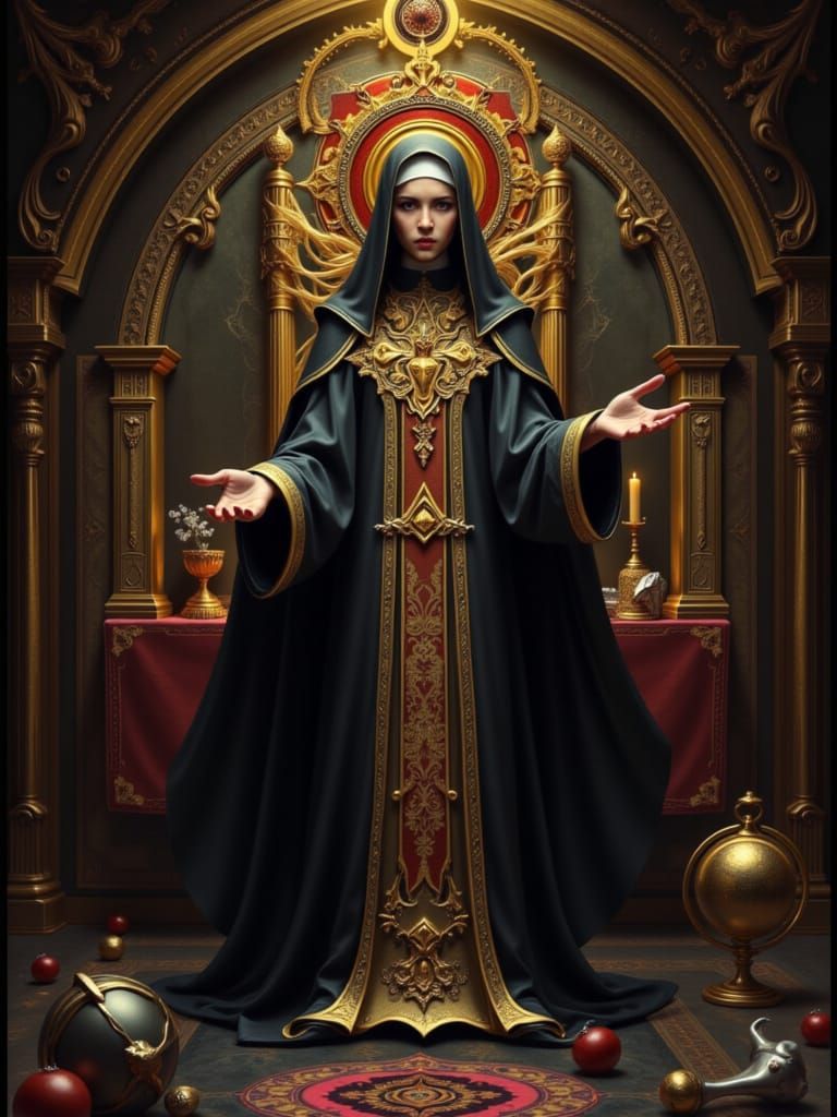 Mystical Nun with Seductive Gaze in 3D Rendered Style