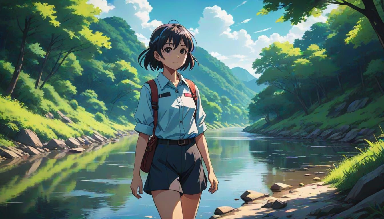 Anime River Walk in Cel-Shaded Style