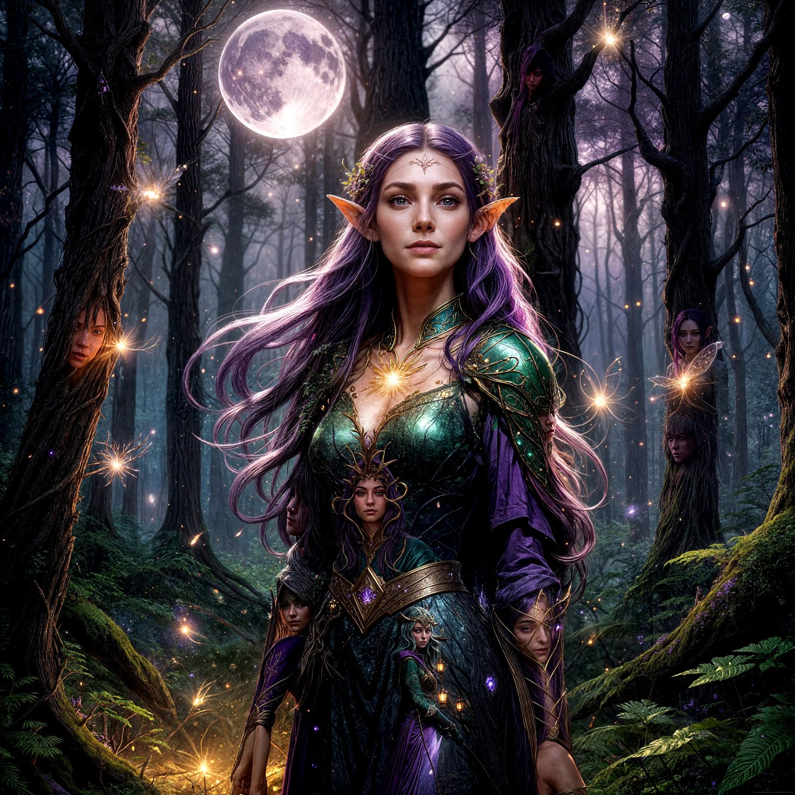 Elven Portrait in a Purple Moonlit Forest