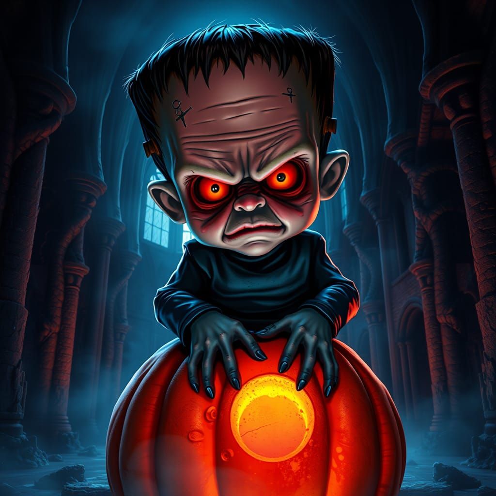 Frankenstein Baby on Pumpkin in Gothic Setting