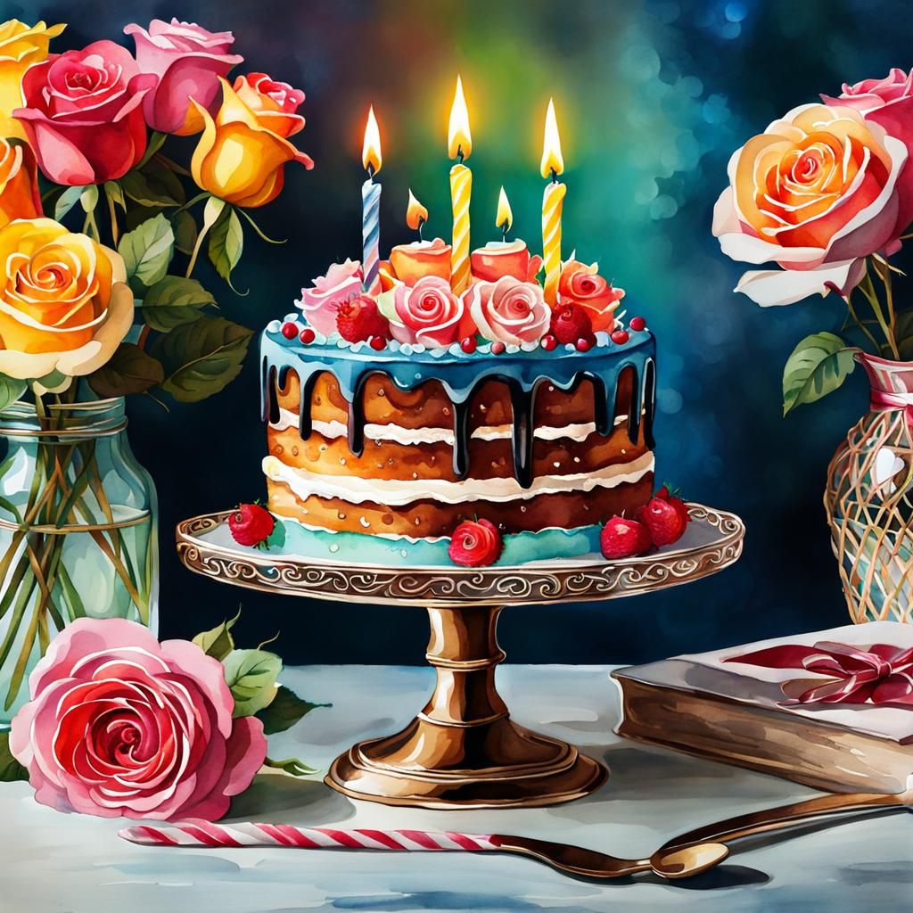 Watercolor Birthday Cake with Roses and Candles