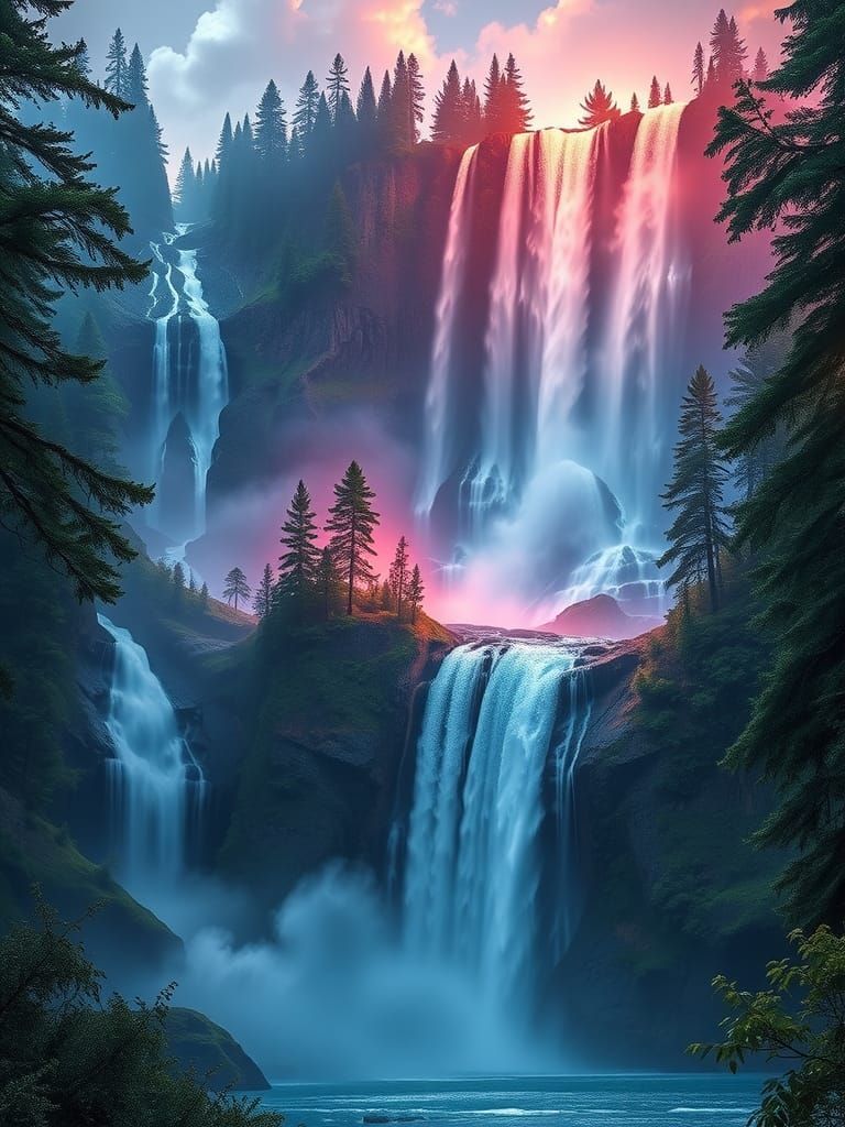 Vibrant Waterfall Landscape in Atmospheric Style