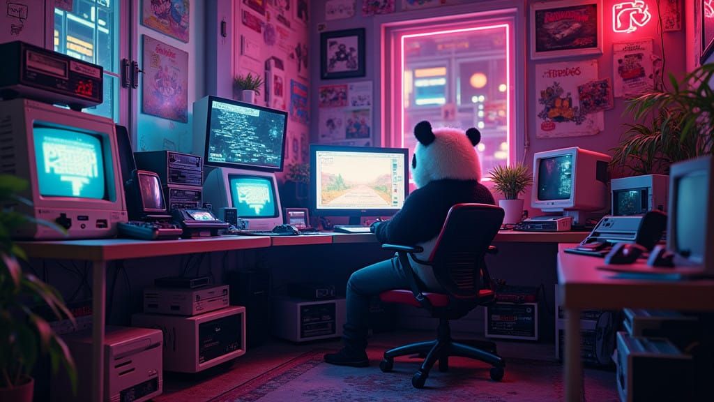 Retro Futuristic Gamer in Neon Arcade Collage