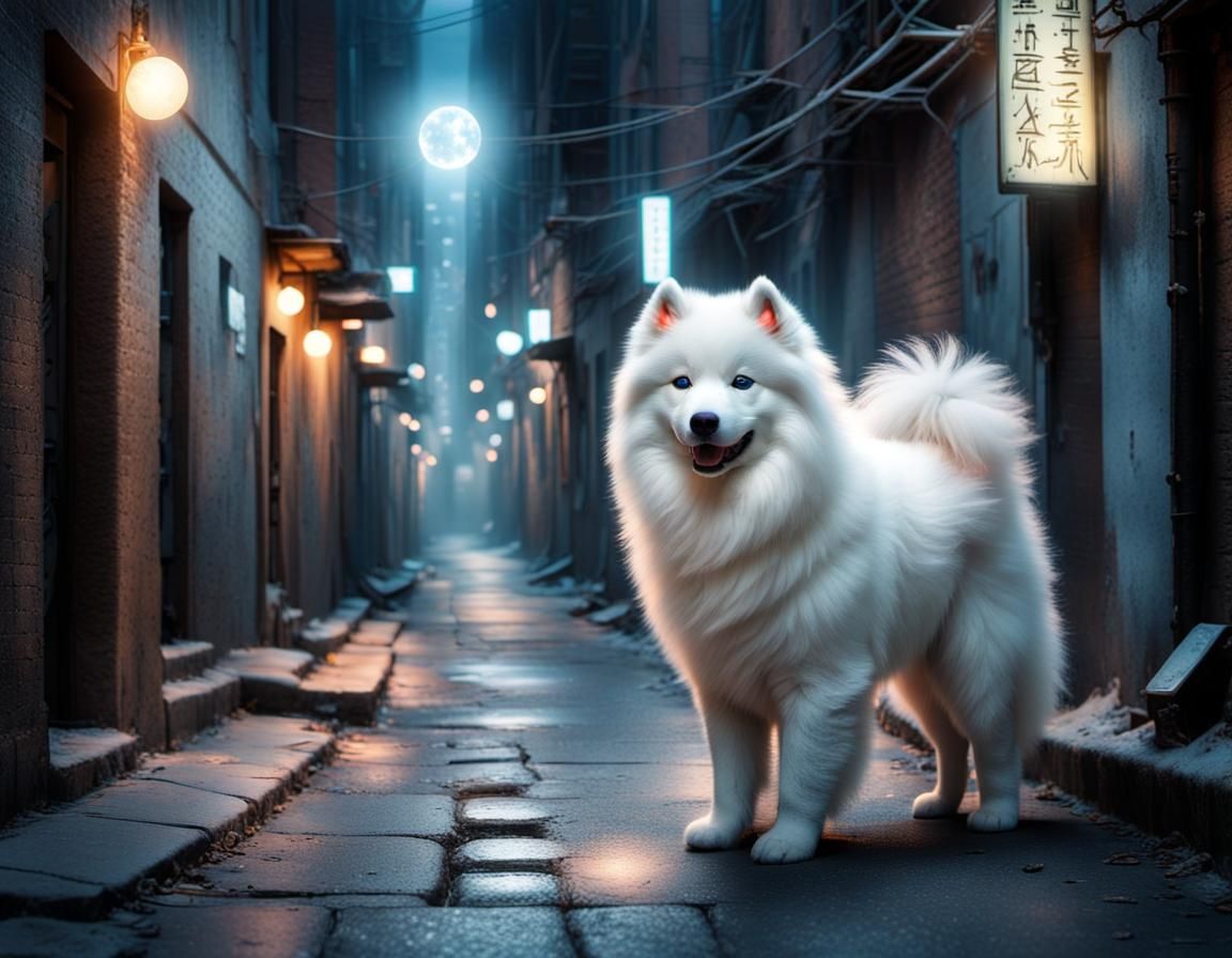 Glowing Samoyed in Futuristic Alleyway