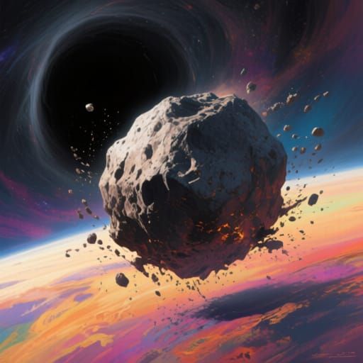 Asteroid Approaches Black Hole in Hyperrealistic Splash Art