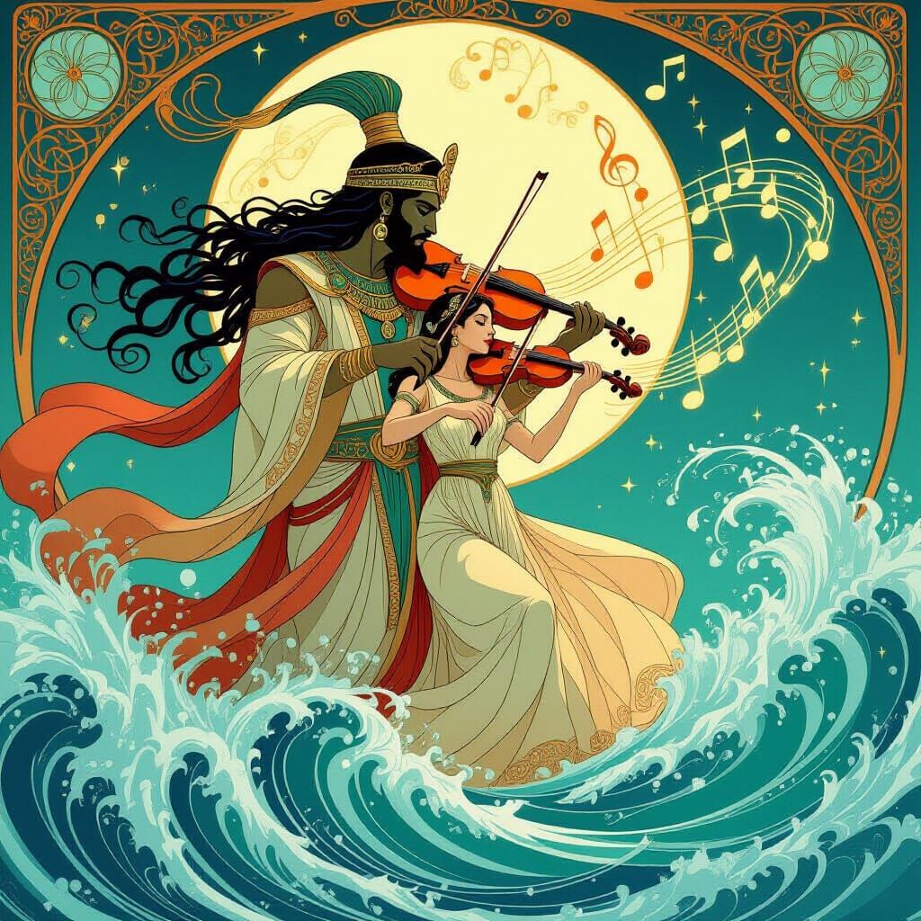 Art Nouveau Anunnaki Holds Woman Playing Violin Over Sea
