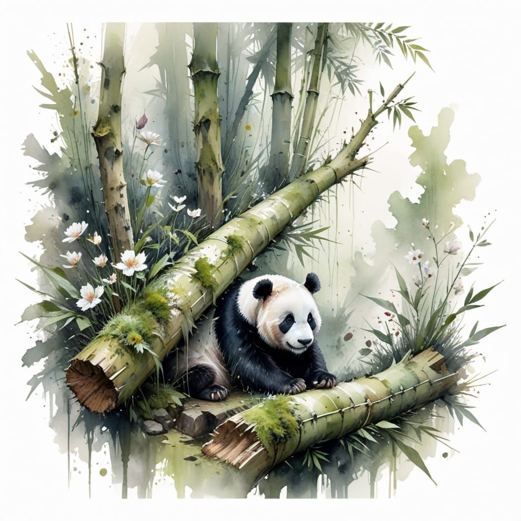 Giant Panda in Bamboo Forest: Watercolour Painting