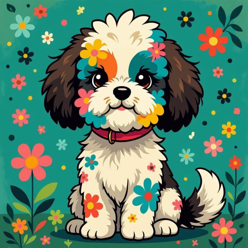 Fluffy White Dog Surrounded by Vibrant Flowers