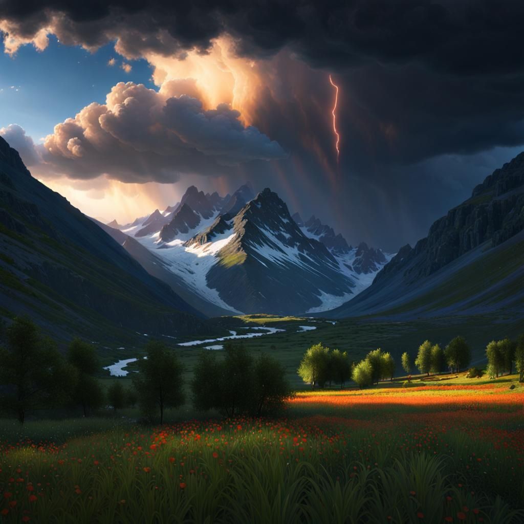 Dramatic Storm Over Mountain Valley, Hyperrealistic
