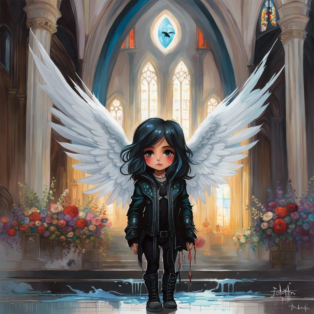 Chibi Gothic Angel in Gothic Church, Gouache Style