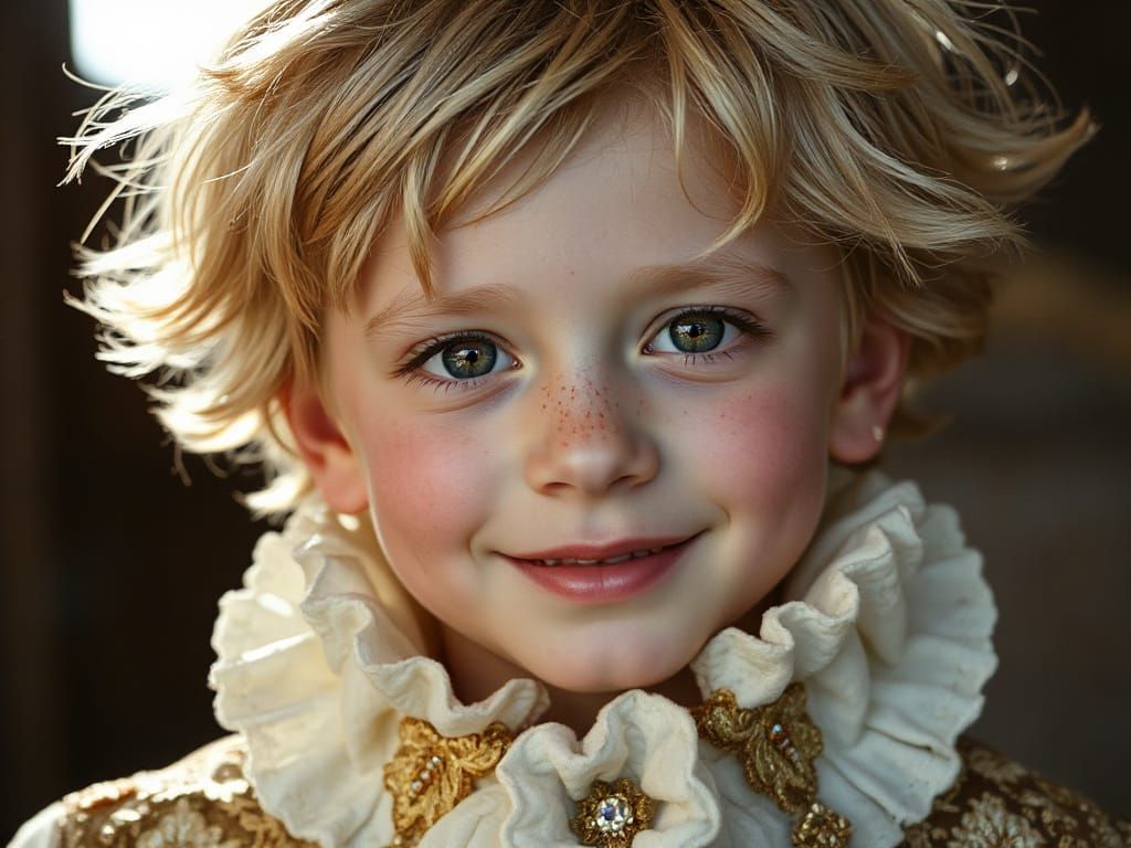Joyful Aristocratic Boy Portrait in Hyperrealistic Style