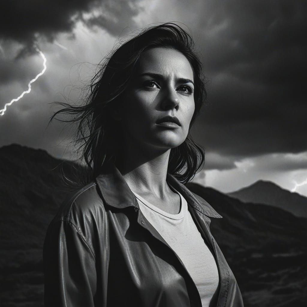 Film Noir Double Exposure: Woman in Stormy Desert