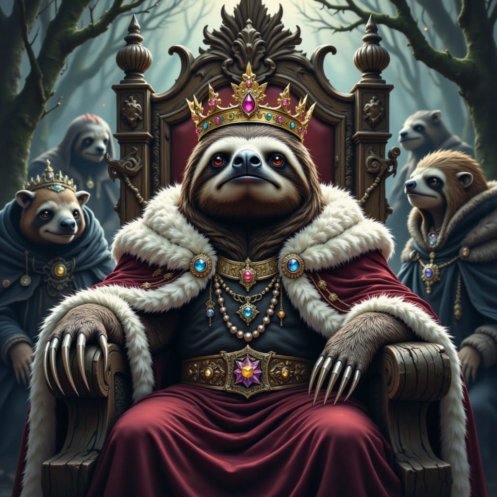 Regal Sloth King on Throne in Dark Fantasy Style