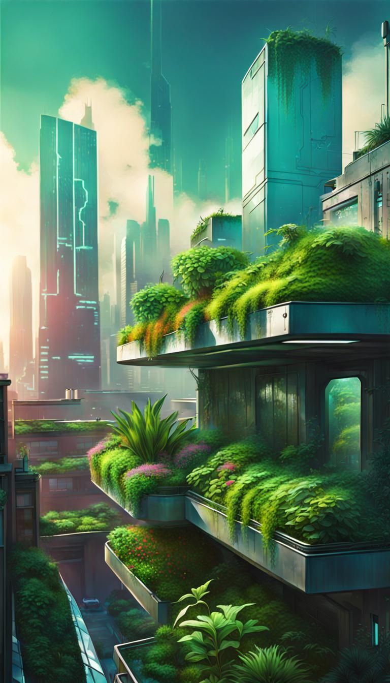 Cyberpunk Roof Garden: Lush Biopunk Landscape