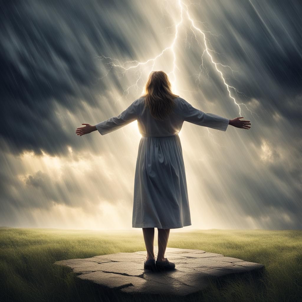 Woman Worships in Storm with Divine Light