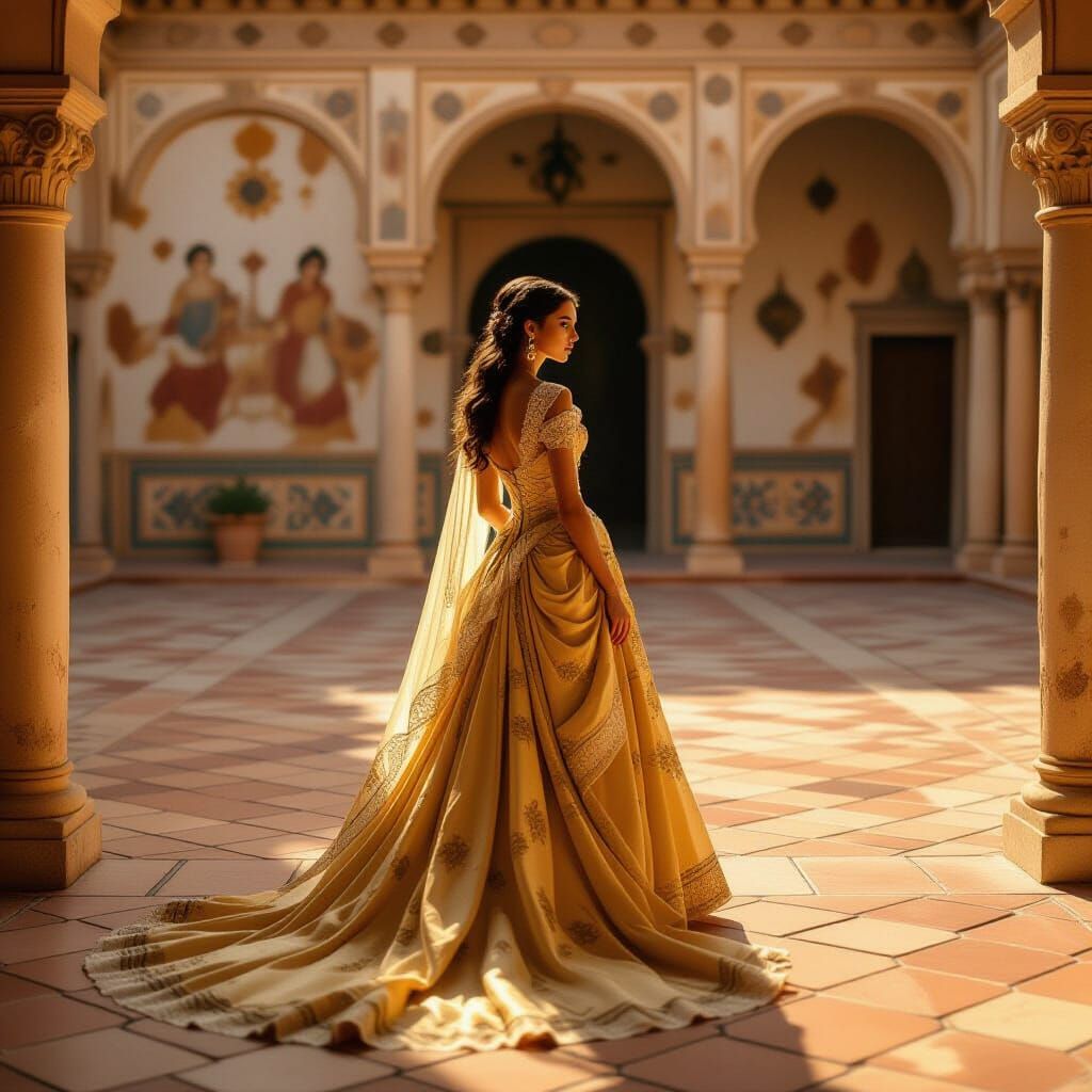 Princess in Golden Gown at Sunset Ruins