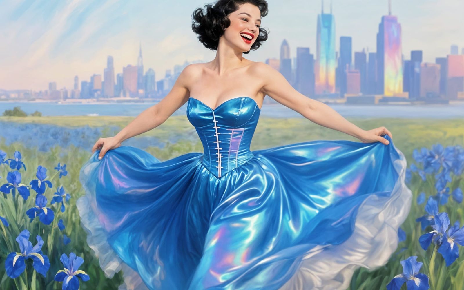 1950s Woman in Iridescent Dress Among Blue Flowers