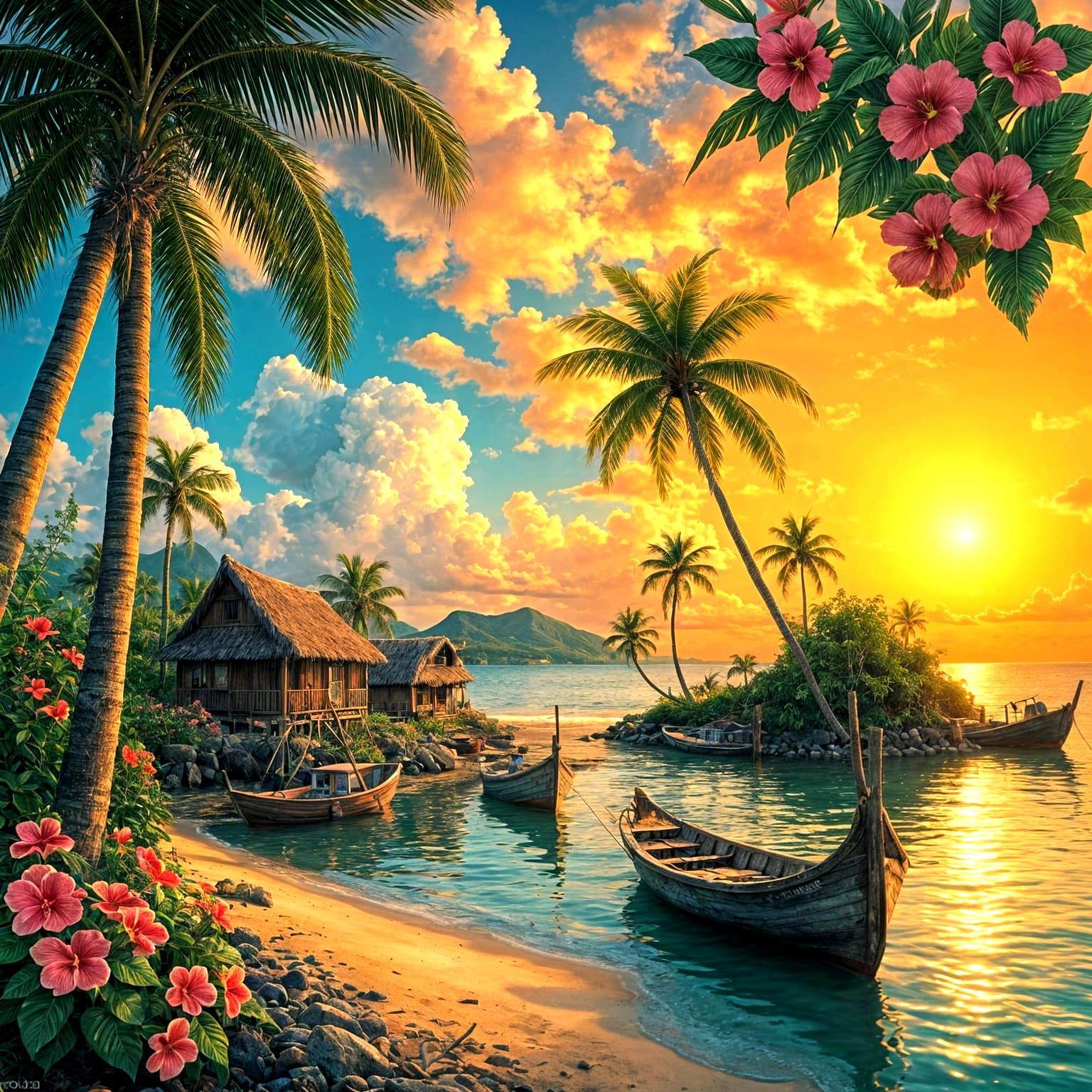 Tropical Island Fishing Village at Golden Hour