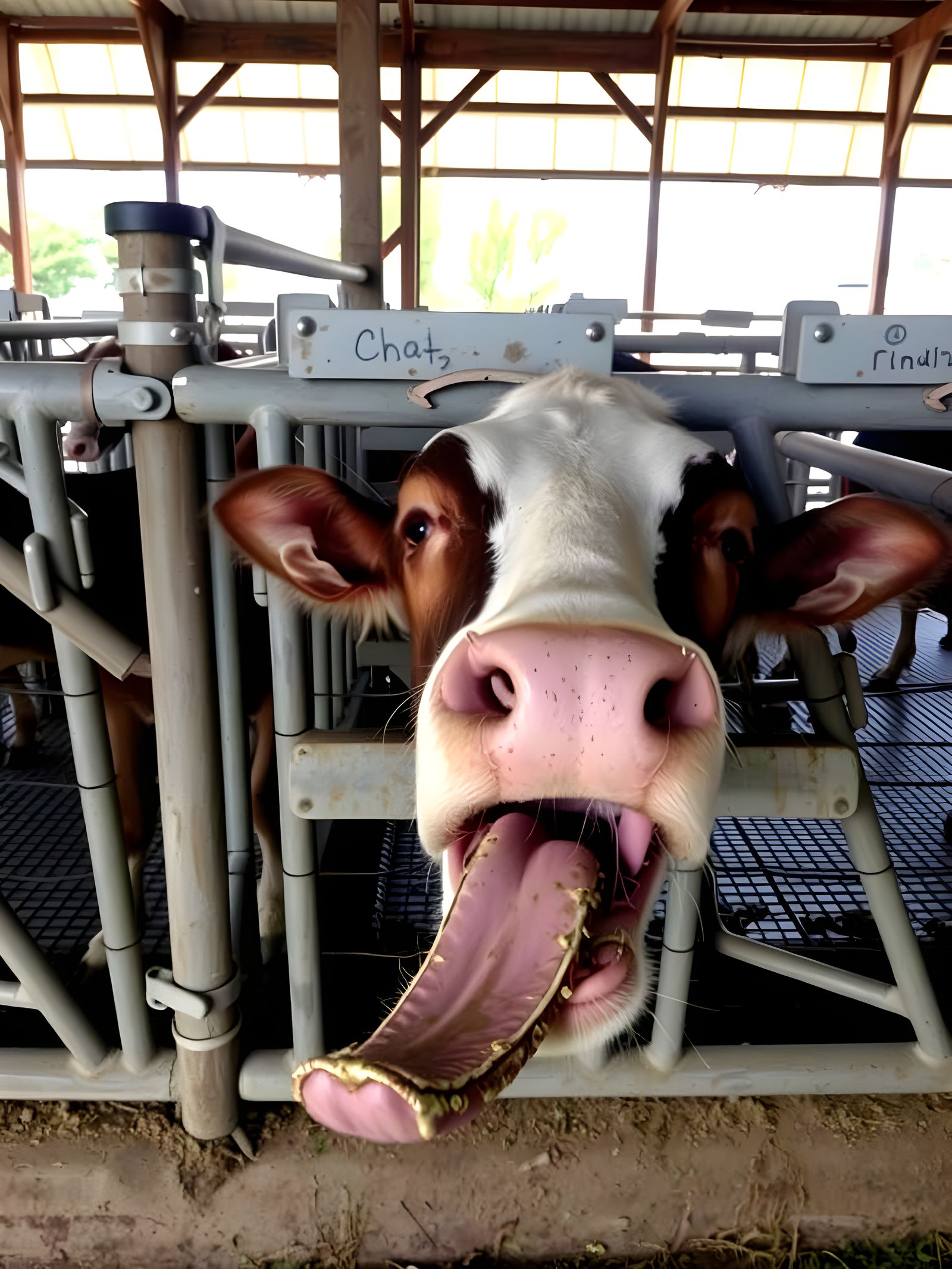 Cow Reaches Through Stall Gate with Hungry Tongue