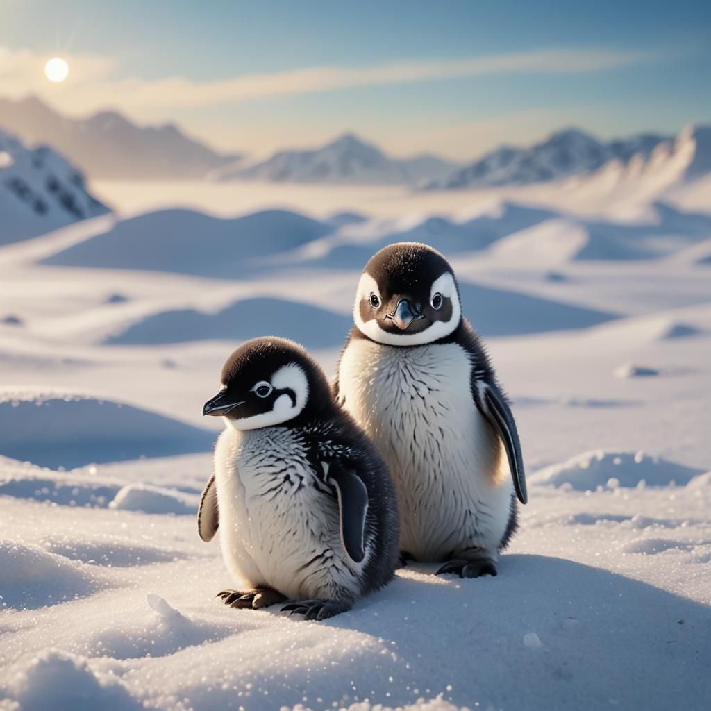 Baby Penguin in Snowy Watercolor Landscape