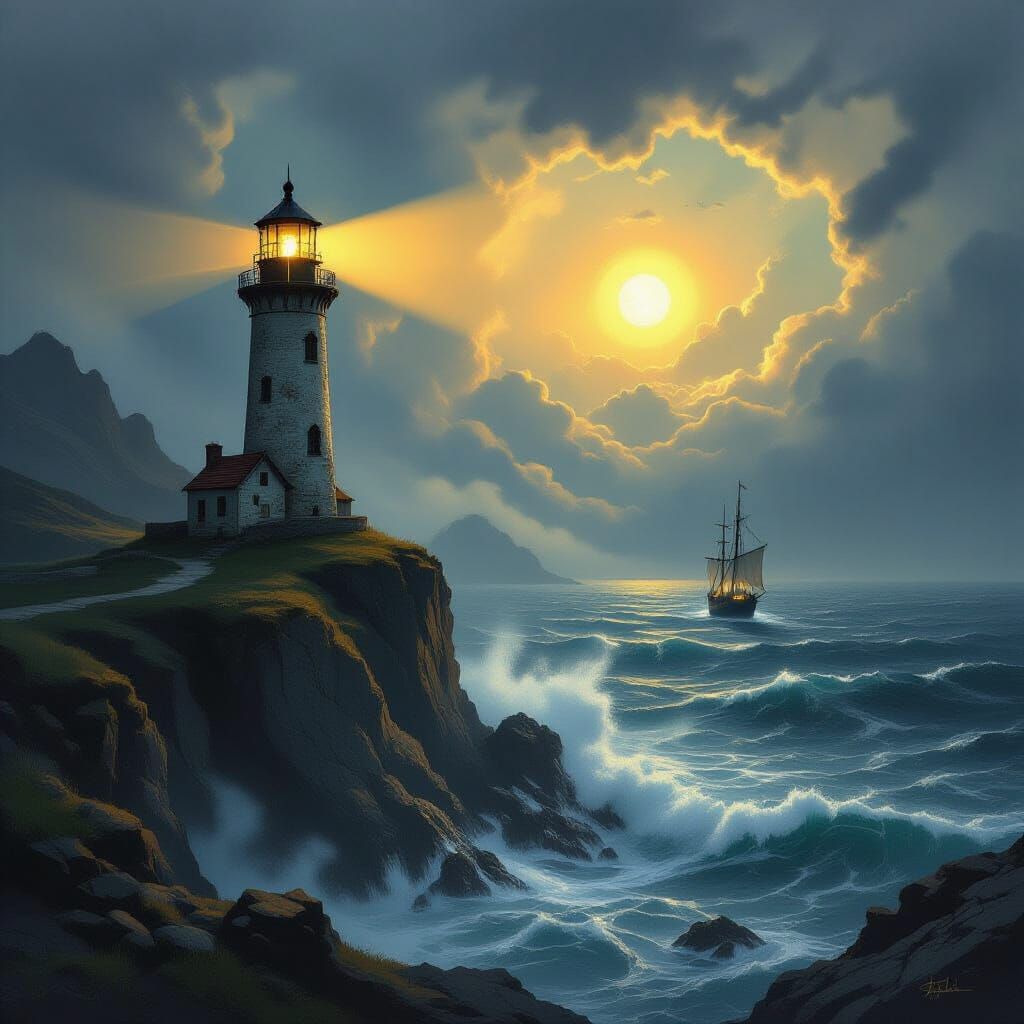 Gothic Lighthouse Guides Spectral Ships Through Stormy Seas