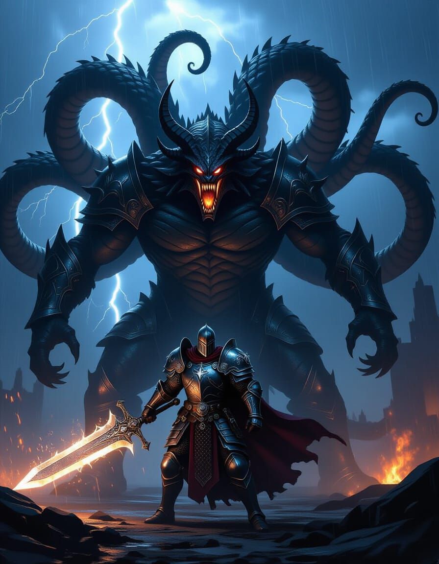 Paladin Battles Hydra in Dark Fantasy Art