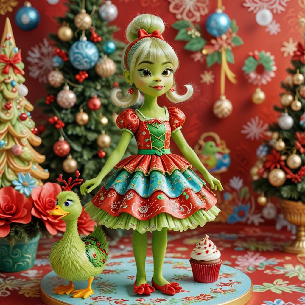 Christmas Cindy Lou Who in Floral Dress with Duck