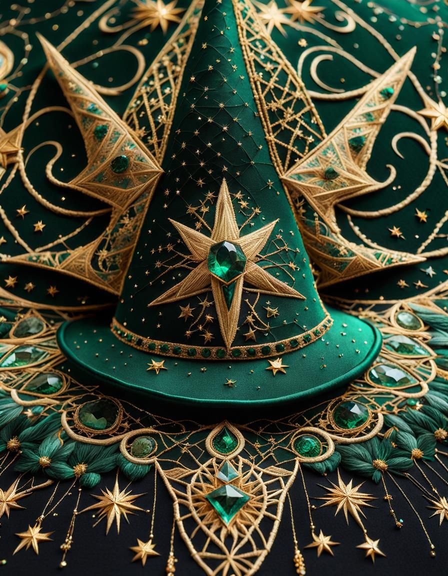 Maximalist Embroidery of an Emerald Witch Hat