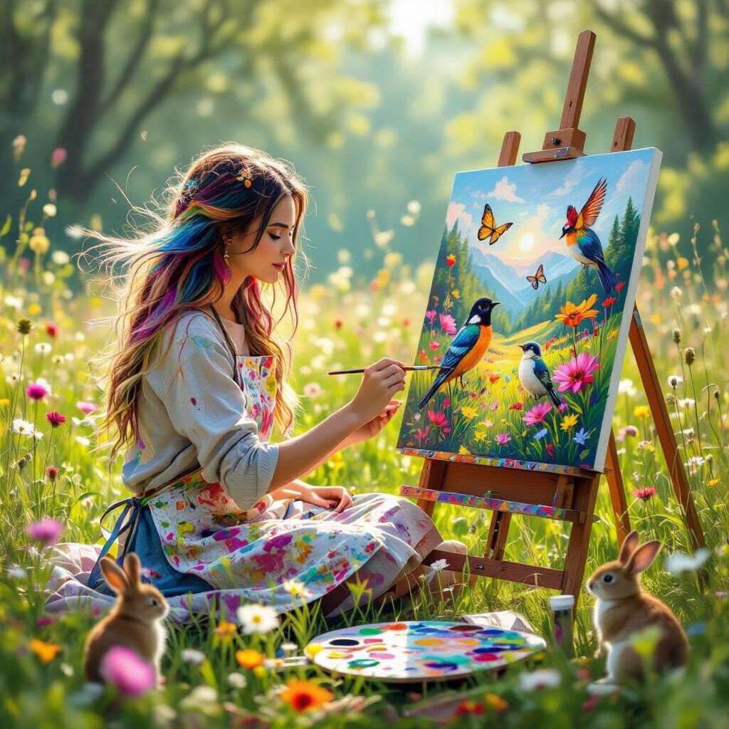Woman Painting Nature in Sun-Dappled Meadow