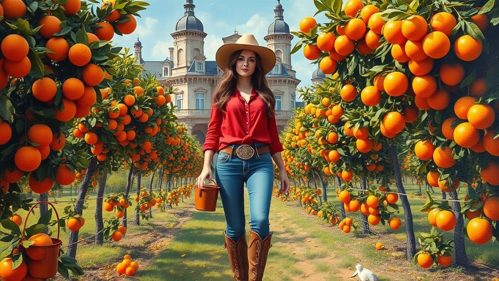 Woman in Orange Grove: Ethereal Oil Painting