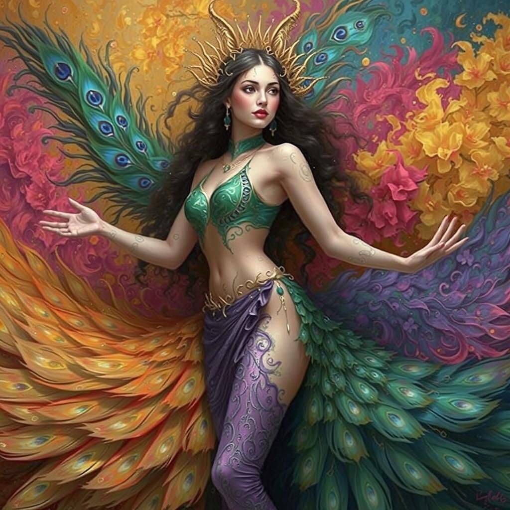 Dragon Peacock Woman in Abstract Expressionist Style