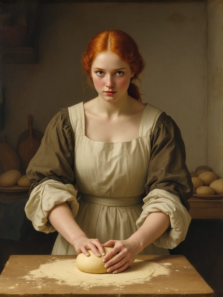 Redhead Baker Kneading Dough in Reverent Kitchen