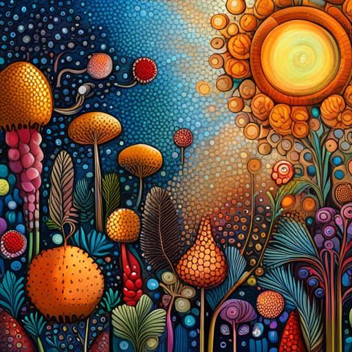 Fantasy Garden Mixed Media Painting with Abstract Details