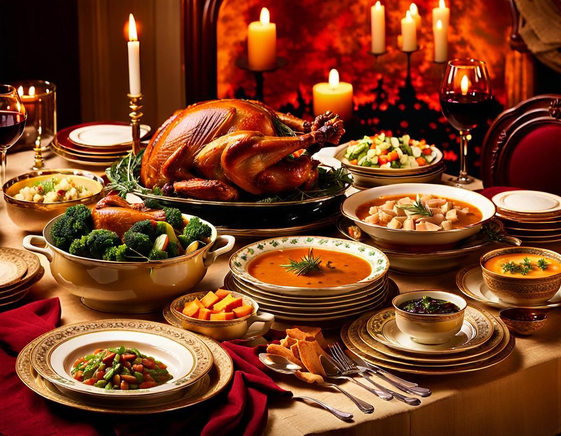 Thanksgiving Dinner Still Life with Roasted Turkey