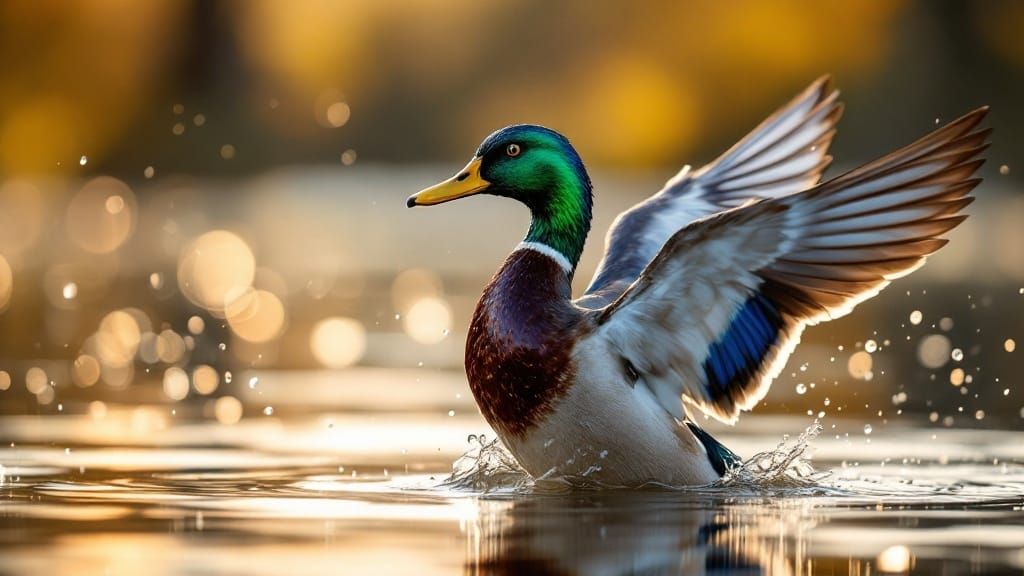 Vibrant Mallard Duck in Serene Sunset Scene