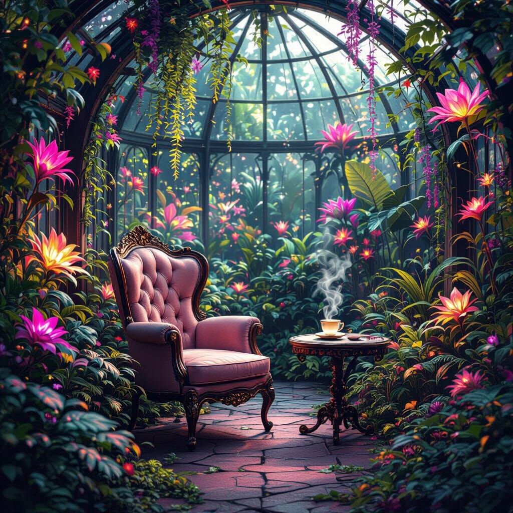 Mystical Bioluminescent Greenhouse with Ornate Armchair