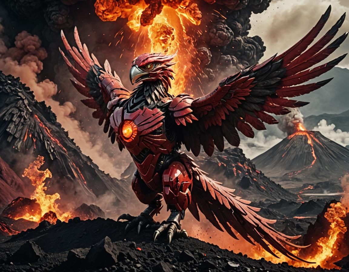 Fiery Mechanical Phoenix Rises from Volcano