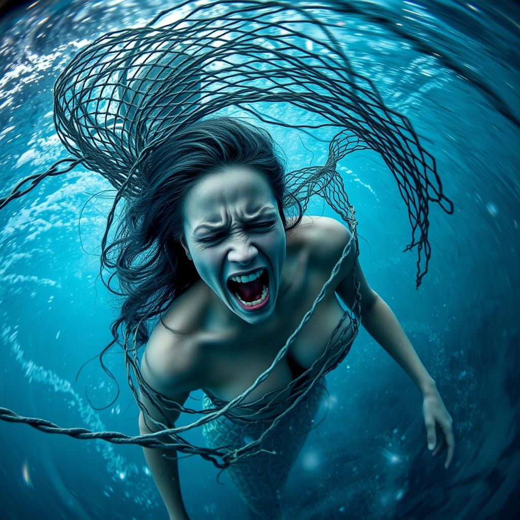 Mermaid's Anguish Caught in Futuristic Fishing Net