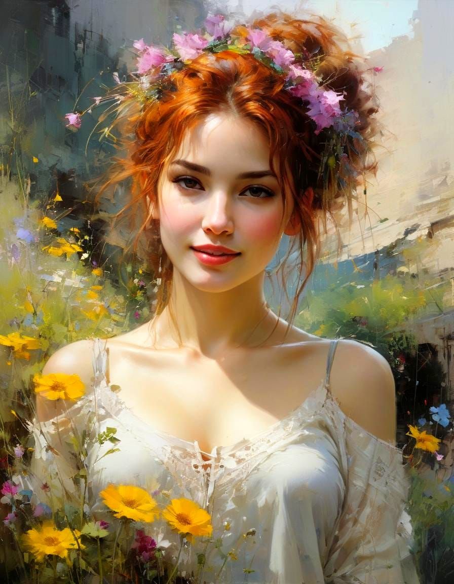 Pastel Portrait of a Smiling Woman with Wildflowers