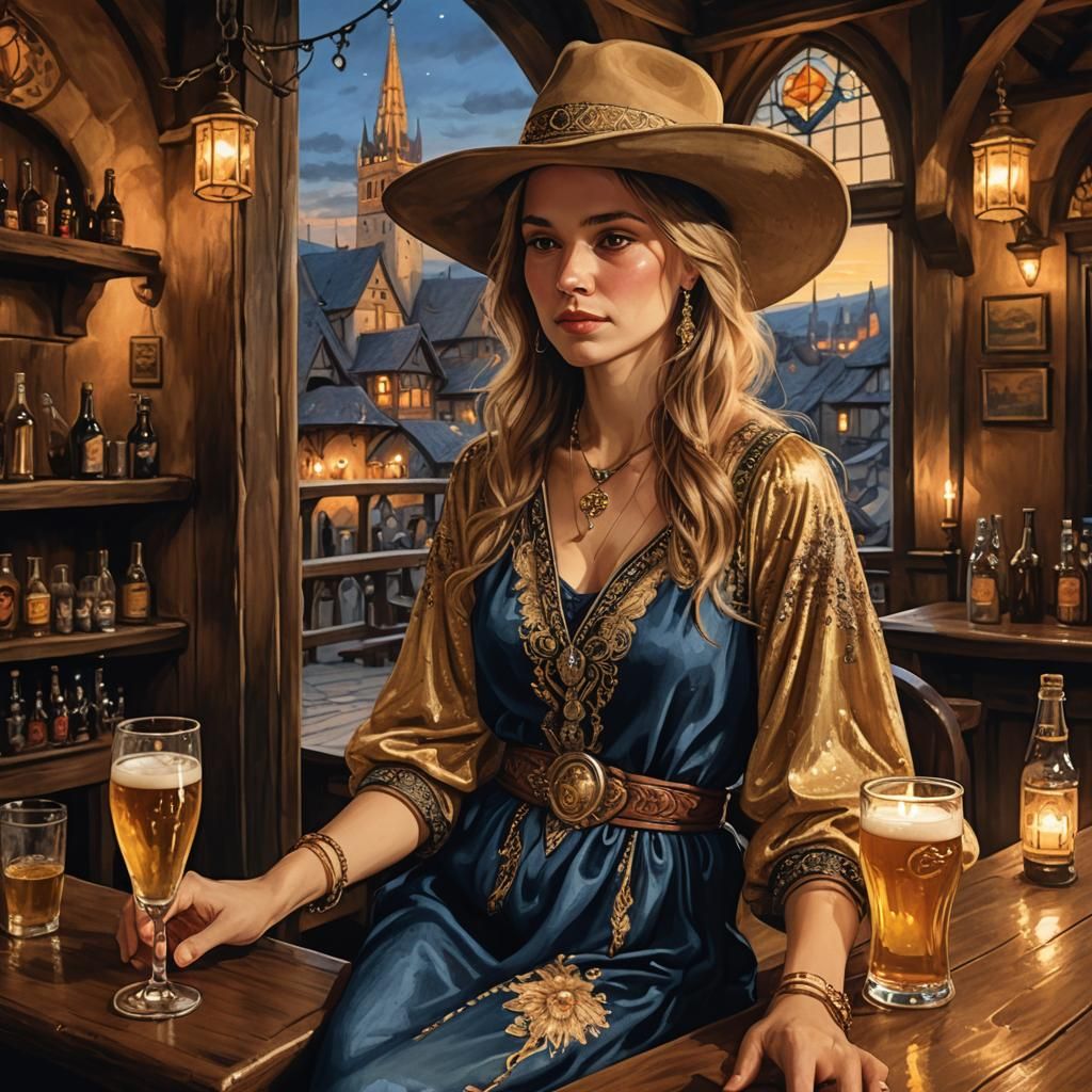 Medieval Tavern Scene: Woman in Hat with Beer
