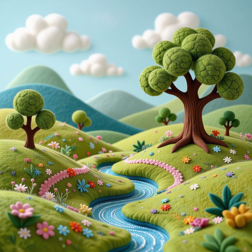 A fantasy landscape made out of felt