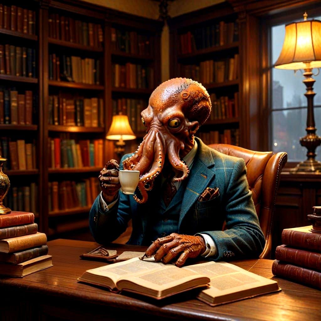 Octopus Gentleman Sipping Tea: Oil Painting