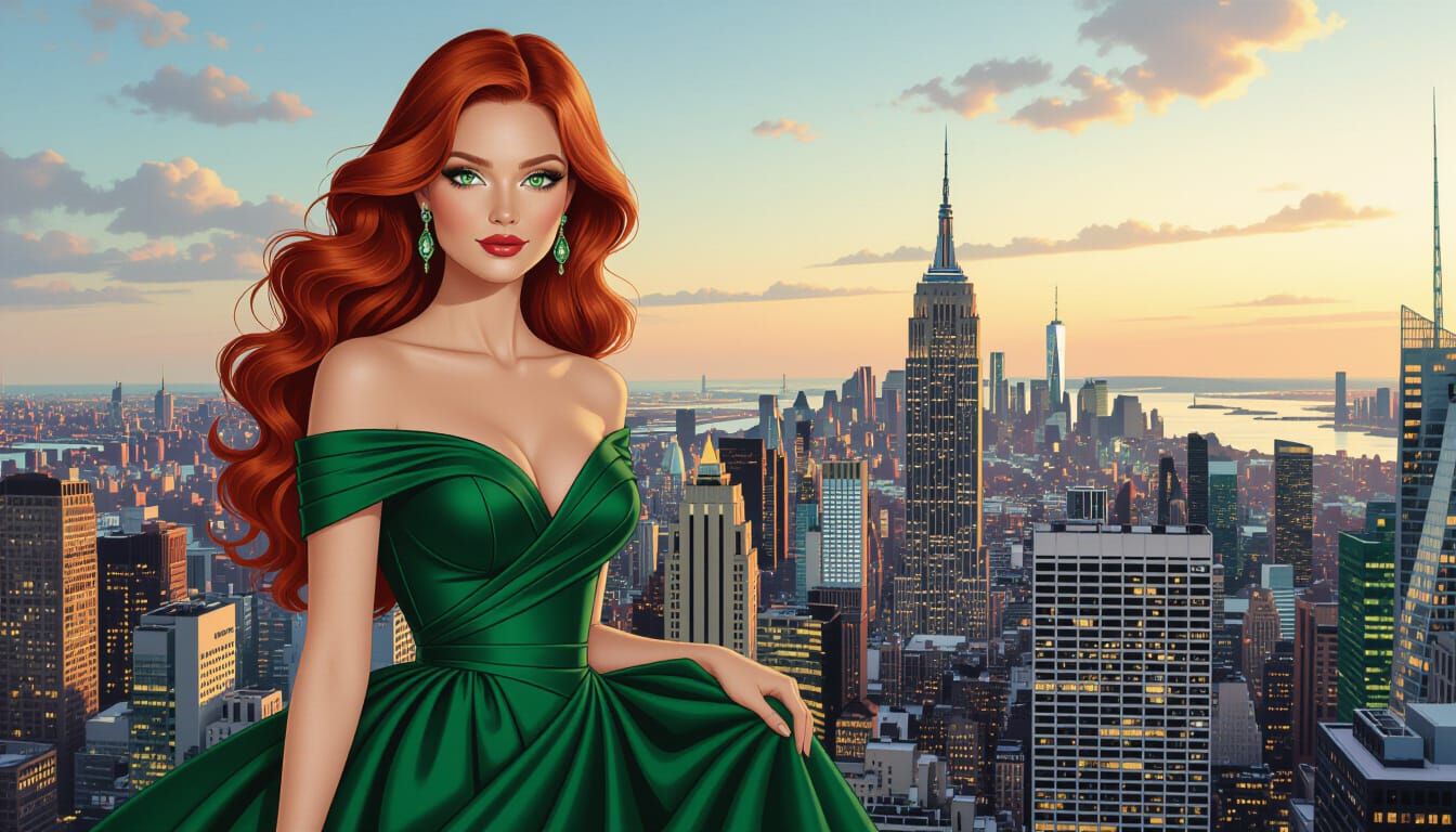 Woman in Emerald Gown Before New York Skyline