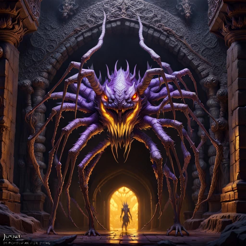 Abyssal Spider Wolf Guarding Gateway, Dark Fantasy Art