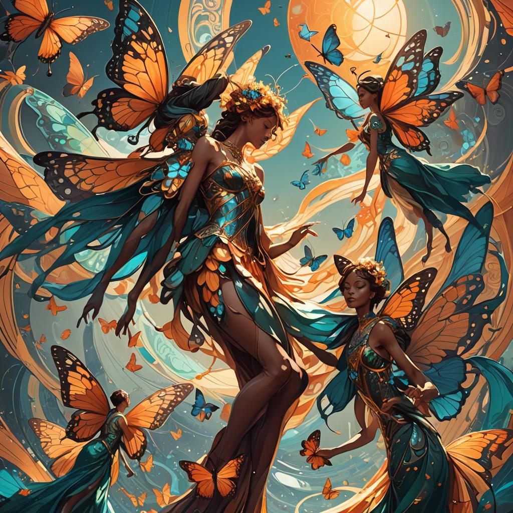 Butterfly Dancers Ascend in Art Nouveau Style