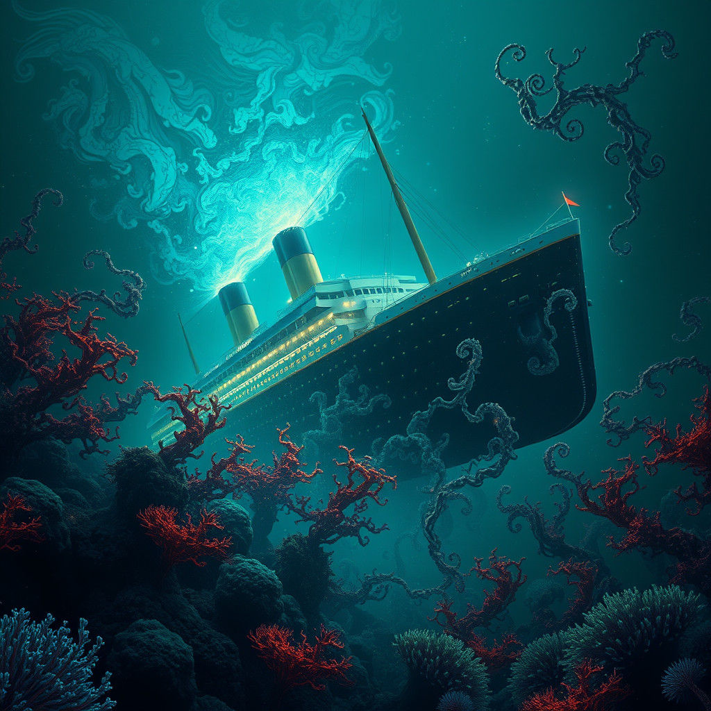 Titanic Shipwreck in Bioluminescent Ocean Depths